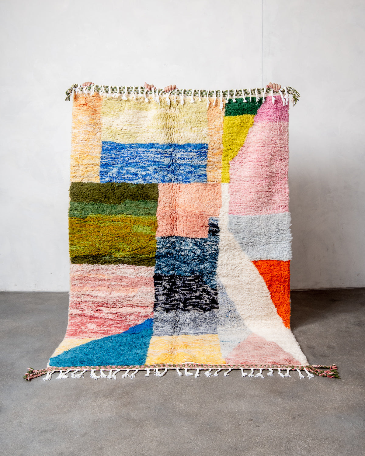 Modern, designer, handcrafted Berber rug from Morocco. Beniourain carpet with beautiful colours and patterns and fluffy wool texture.